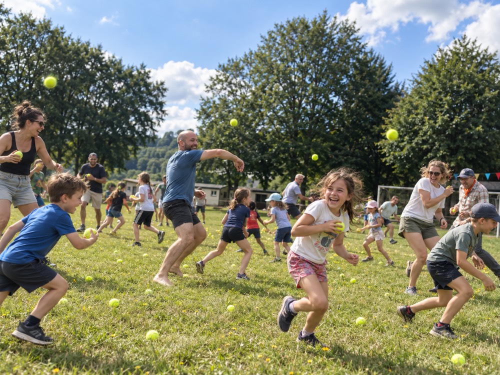 Grand jeu de balles collectif dans un pré