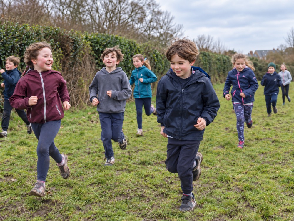 Groupe d'enfants courant joyeusement dans un champ